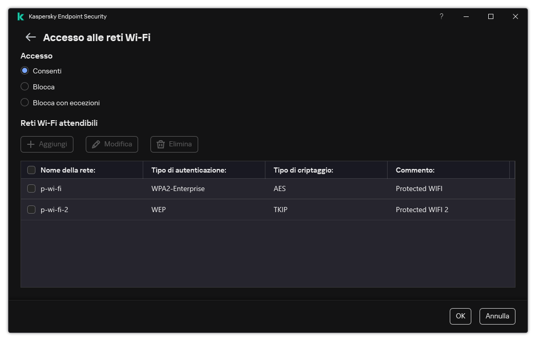 Una finestra con l'elenco di reti Wi-Fi. L'utente può configurare l'accesso a tutte le reti Wi-Fi e aggiungere reti Wi-Fi attendibili.