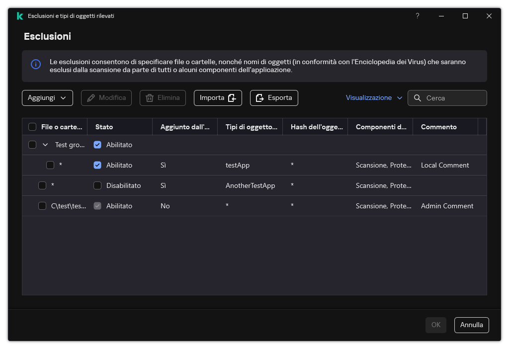 Una finestra con l'elenco delle esclusioni. Vengono visualizzate le proprietà di esclusione. L'utente può aggiungere, modificare o eliminare le esclusioni.