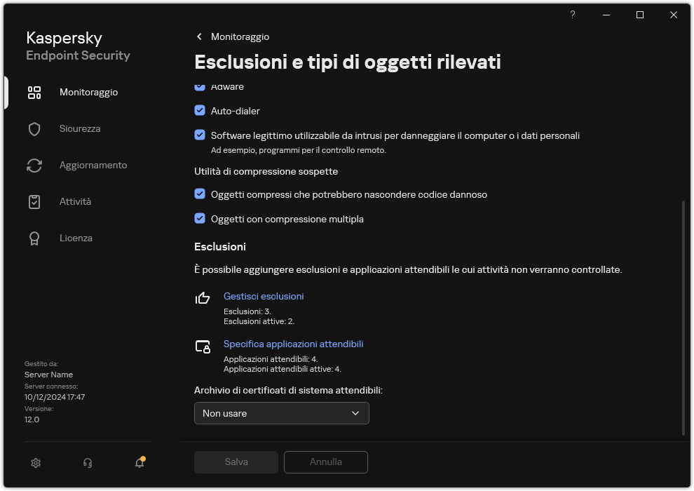 Finestra delle impostazioni di esclusione. L'utente può aggiungere esclusioni e applicazioni attendibili.