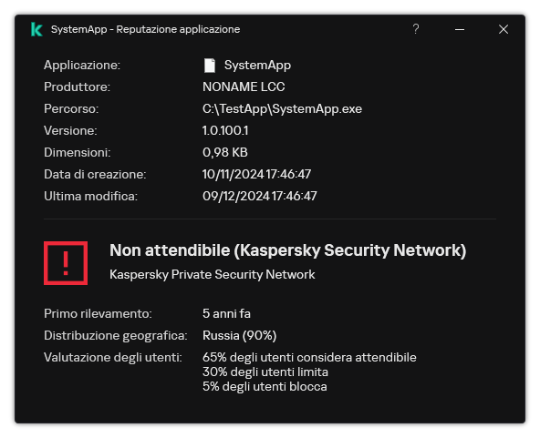 La finestra contiene informazioni sulla reputazione del file e altri dati, come la presenza di una firma digitale.