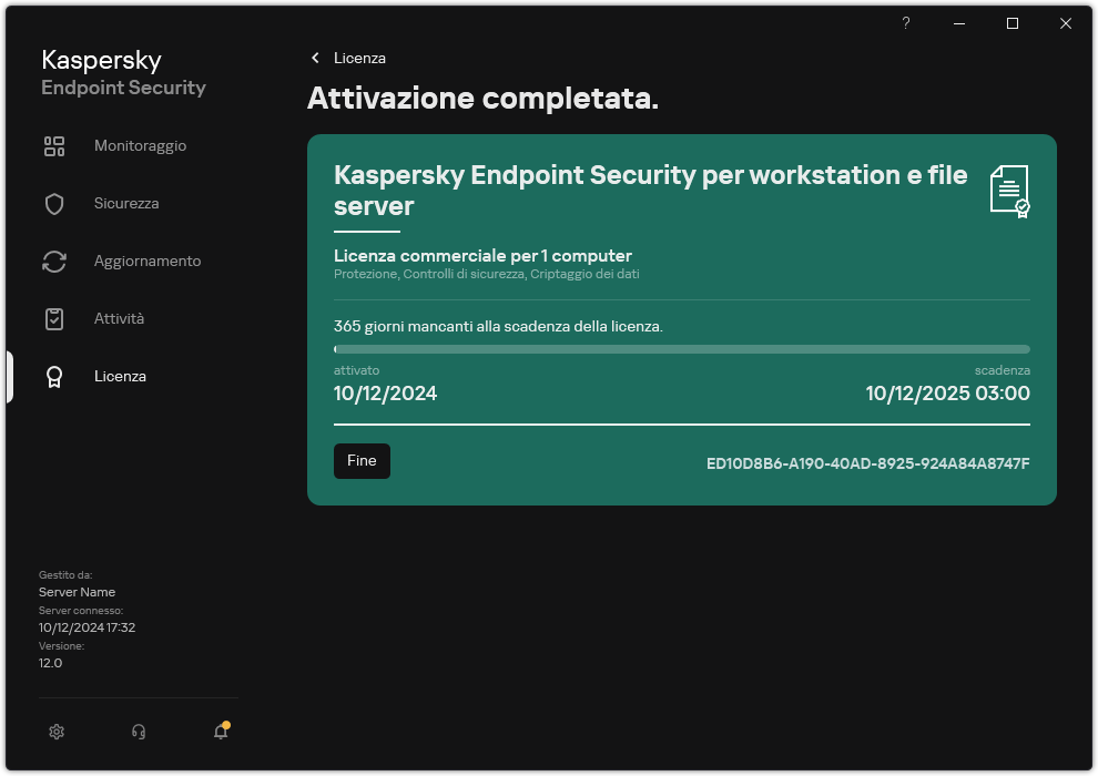 La finestra contiene informazioni sulla licenza: data di scadenza, funzioni disponibili e altre informazioni.