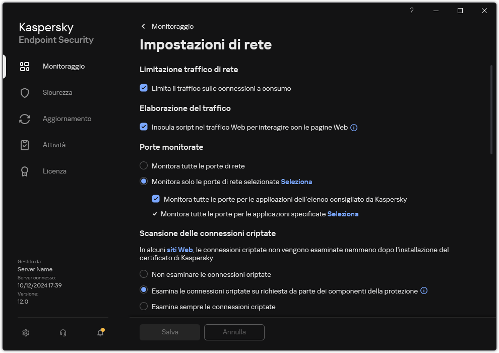 Finestra delle impostazioni di rete dell'applicazione.