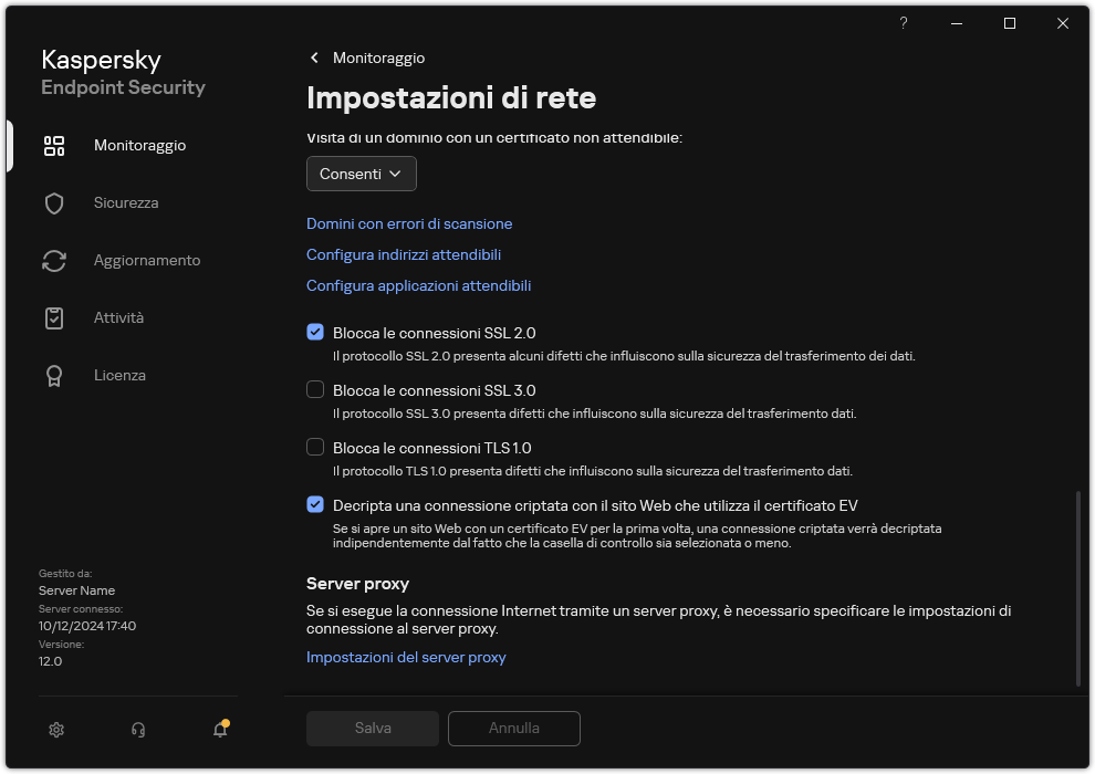 Finestra delle impostazioni di rete dell'applicazione.