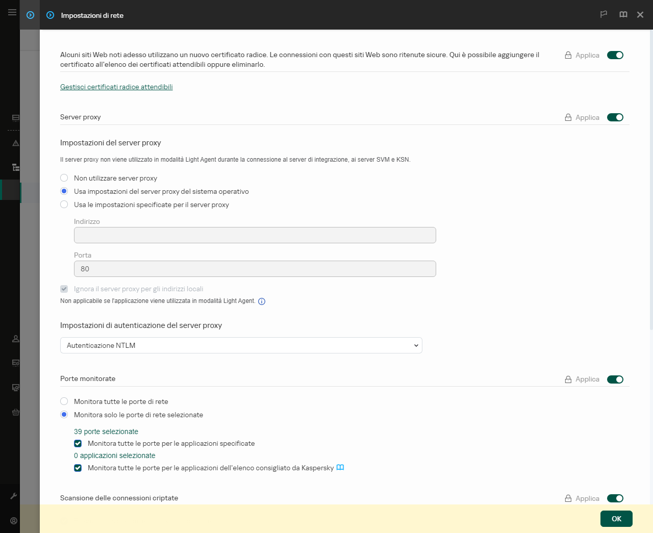 Finestra delle impostazioni di rete dell'applicazione. L'utente può configurare le impostazioni del server proxy.