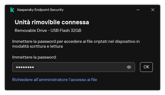 La finestra contiene un campo di immissione della password. L'utente può creare una richiesta di accesso ai file.