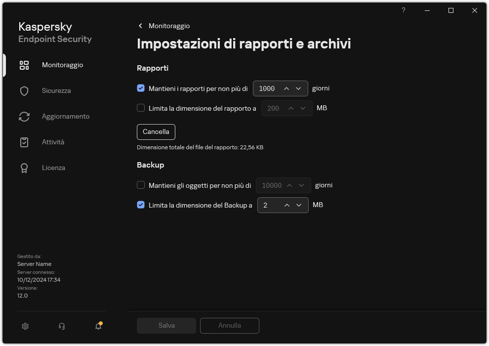 Finestra Impostazioni di rapporti e archivi. L'utente può impostare la dimensione e limitare il tempo di archiviazione dei rapporti e degli oggetti nel repository.