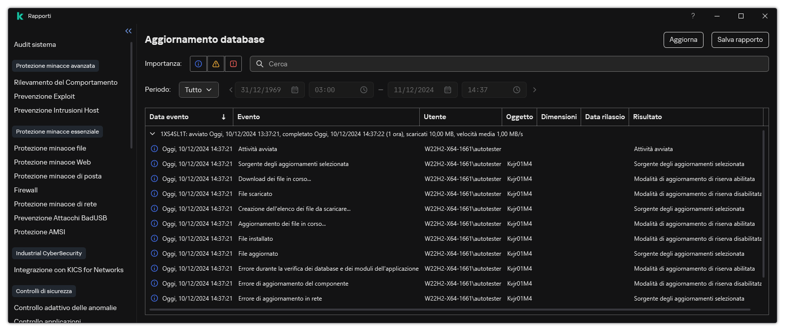 Una finestra con l'elenco degli eventi nel rapporto. L'utente può filtrare/ordinare gli eventi e salvare i rapporti in un file.