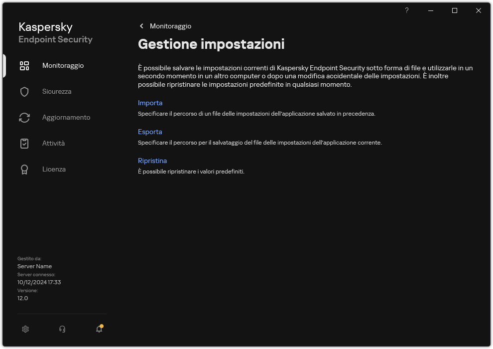 Finestra delle impostazioni di esclusione. L'utente può esportare, importare o ripristinare le impostazioni dell'applicazione.