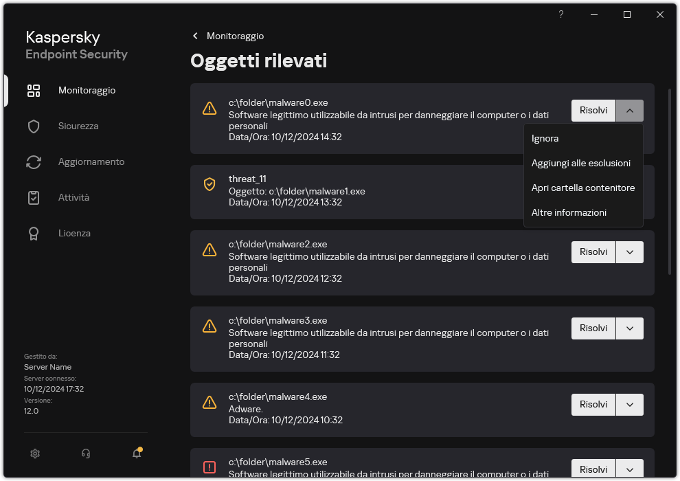Una finestra con l'elenco degli oggetti rilevati. Vengono visualizzate informazioni sull'oggetto. L'utente può risolvere o rimuovere l'oggetto.