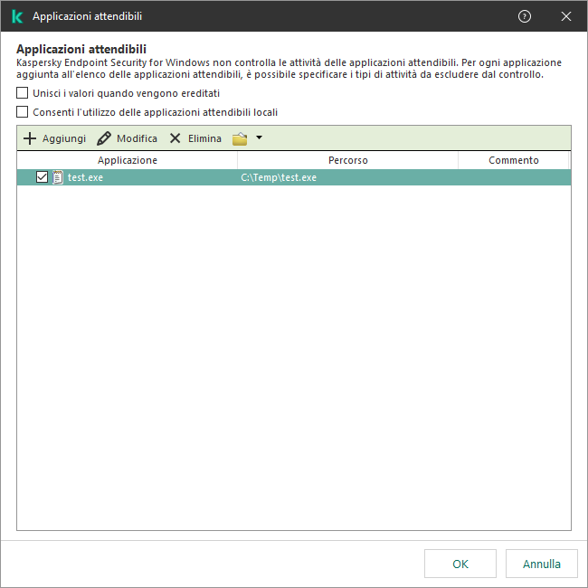 Una finestra con l'elenco delle applicazioni attendibili. L'utente può aggiungere, modificare o rimuovere un'applicazione attendibile.