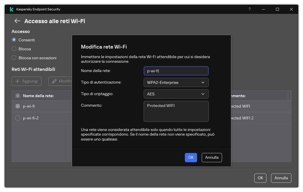 La finestra contiene le impostazioni della rete Wi-Fi attendibile.