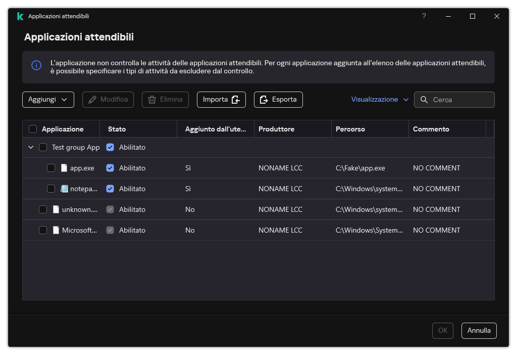 Una finestra con l'elenco delle applicazioni attendibili. L'utente può aggiungere, modificare o rimuovere un'applicazione attendibile.