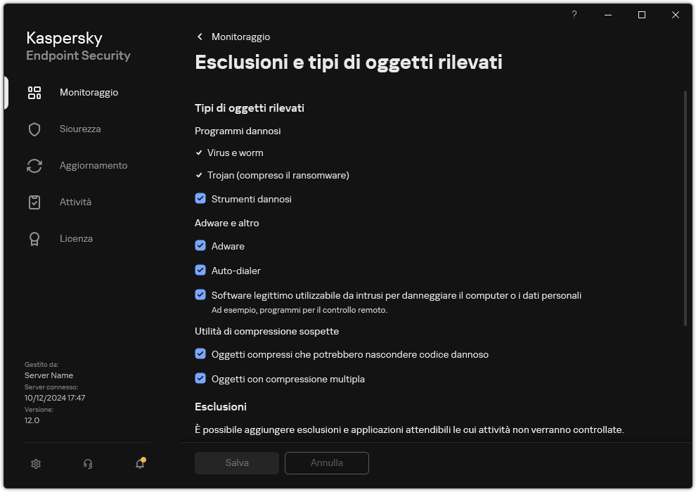 Finestra delle impostazioni di esclusione. L'utente può selezionare i tipi di oggetti rilevati e aggiungere oggetti alle esclusioni.