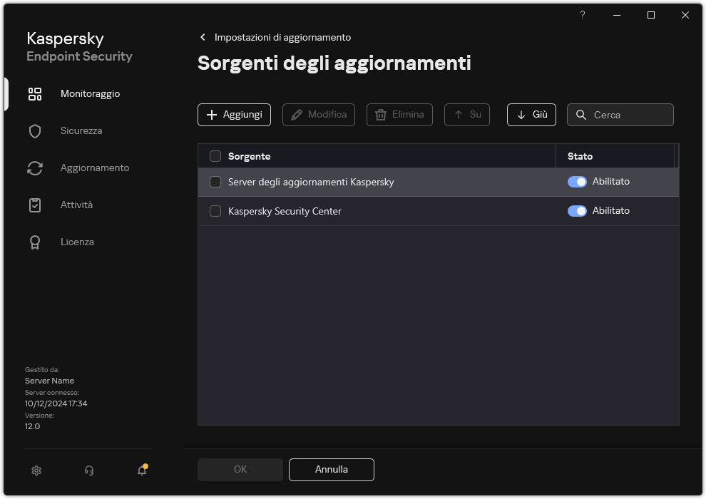 Una finestra con l'elenco delle sorgenti degli aggiornamenti. L'utente può aggiungere sorgenti degli aggiornamenti e assegnare una priorità alla sorgente.