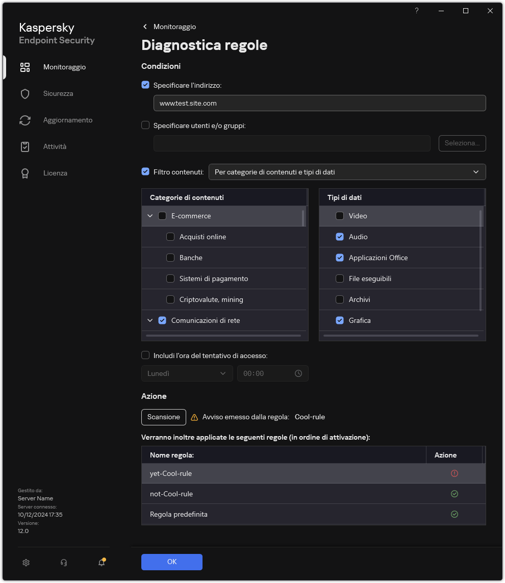 Finestra dei risultati del test delle risorse Web.