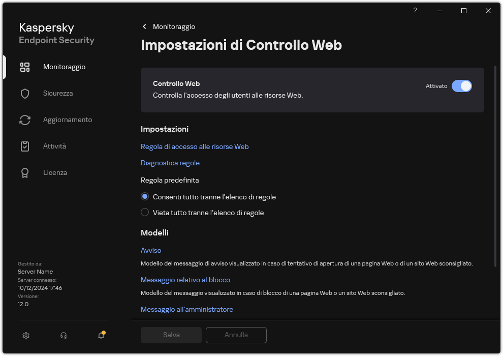 Finestra delle impostazioni di Controllo Web.