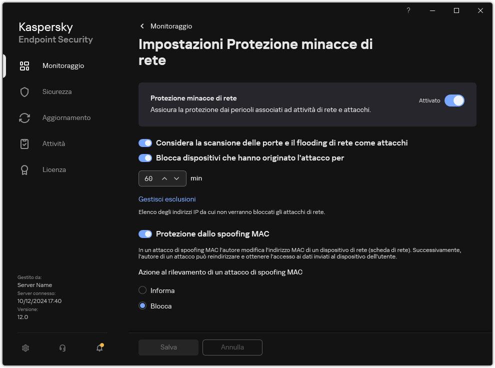 Finestra Impostazioni di Protezione minacce di Rete