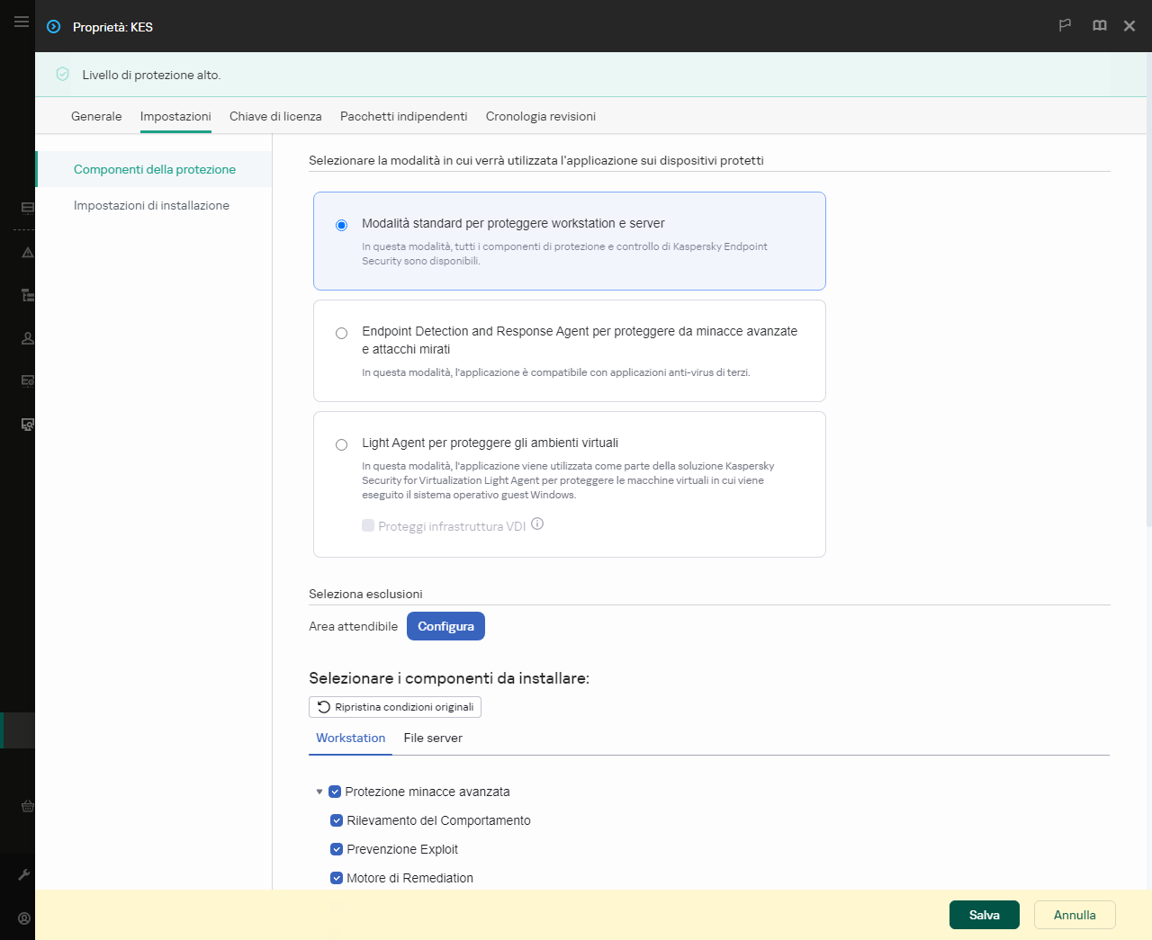 Finestra delle proprietà del pacchetto di installazione. È possibile selezionare i componenti dell'applicazione che si desidera includere.