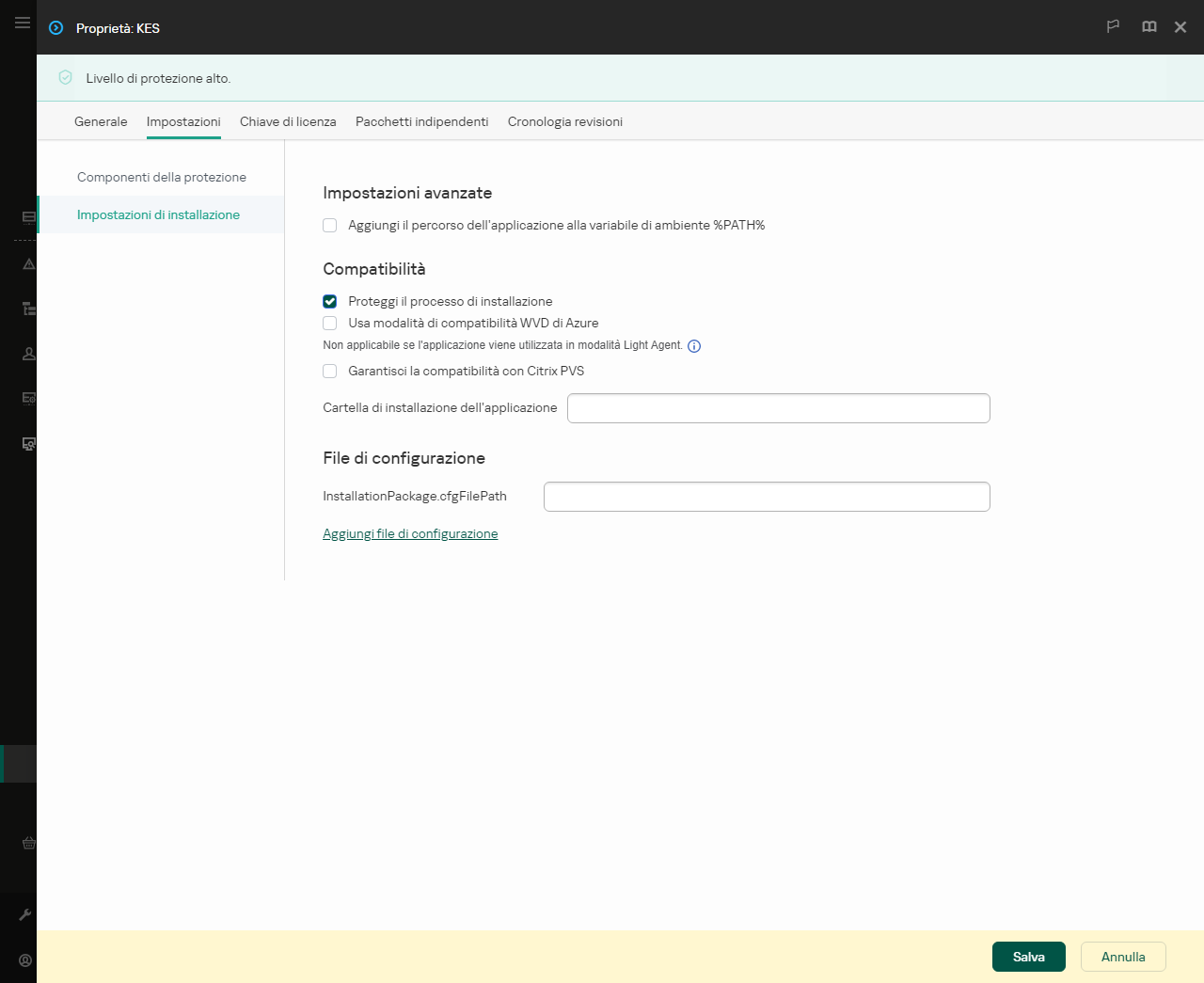 Finestra delle proprietà del pacchetto di installazione. È possibile configurare l'installazione dell'applicazione.