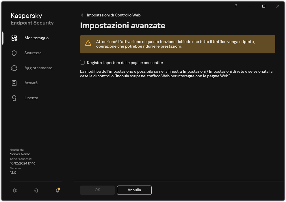 Finestra delle impostazioni avanzate di Controllo Web.