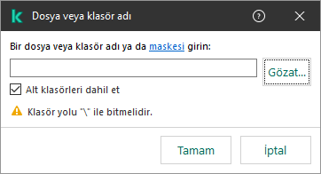 Bir dosya veya klasörün yolunu girmek için alan içeren bir pencere. Maskeler kullanılabilir. Kullanıcı, dosya yöneticisini kullanarak bir dosya seçebilir.