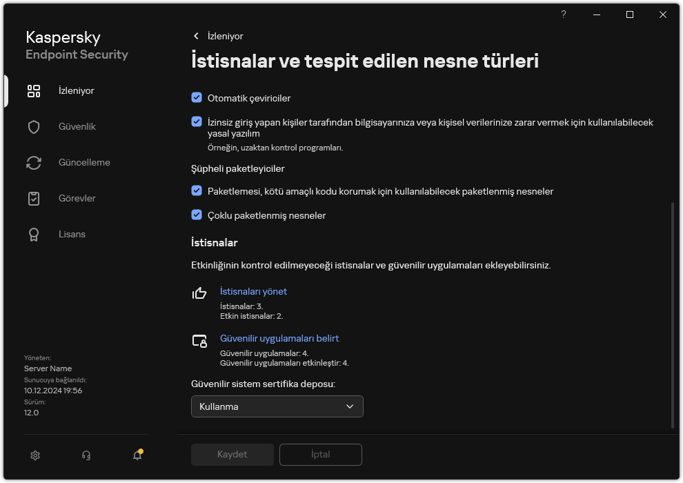 İstisna ayarları penceresi. Kullanıcı, istisnalar ve güvenilir uygulamalar ekleyebilir.