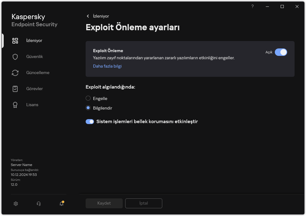 Exploit Önleme ayarları penceresi