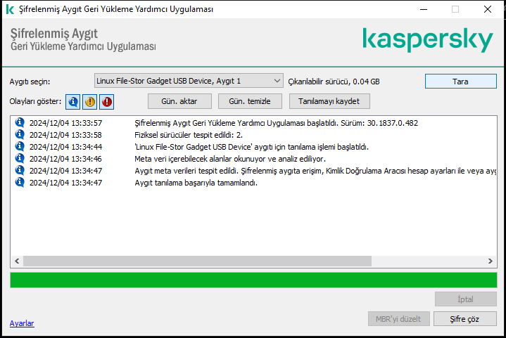 Yardımcı program olaylarının listesini içeren bir pencere. Kullanıcı tanılamayı çalıştırabilir ve seçilen cihazın şifresini çözebilir.