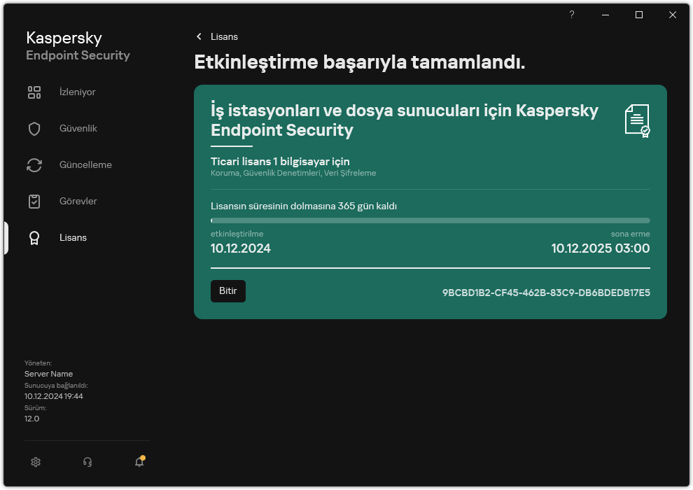 Pencere lisansla ilgili bilgileri içerir: sona erme tarihi, kullanılabilir işlevler ve diğer bilgiler.