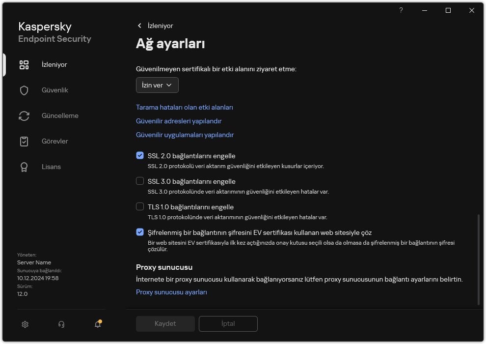 Uygulama ağ ayarları penceresi.