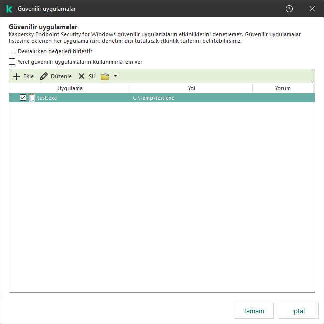 Güvenilir uygulamaların listesini içeren bir pencere. Kullanıcı, güvenilir bir uygulamayı ekleyebilir, düzenleyebilir veya kaldırabilir.