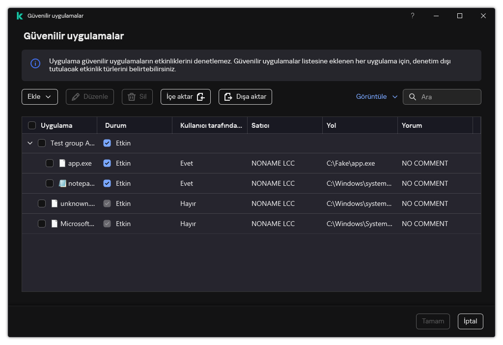 Güvenilir uygulamaların listesini içeren bir pencere. Kullanıcı, güvenilir bir uygulamayı ekleyebilir, düzenleyebilir veya kaldırabilir.