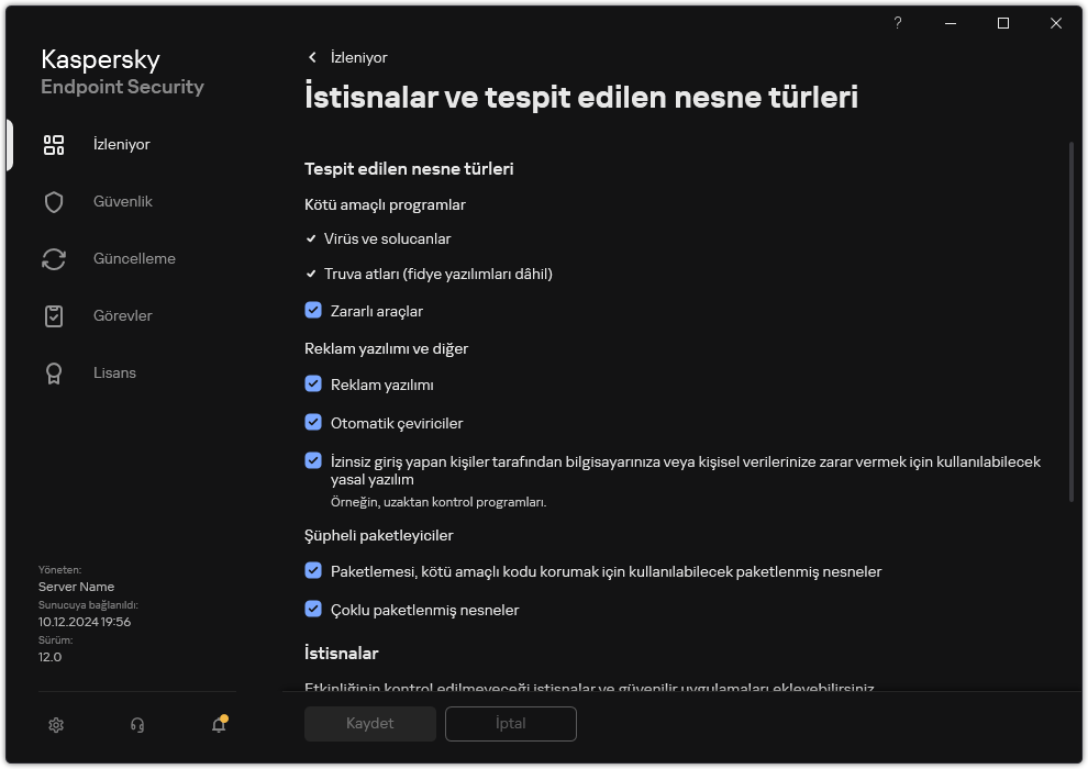 İstisna ayarları penceresi. Kullanıcı, algılanan nesne türlerini seçebilir ve nesneleri istisnalara ekleyebilir.