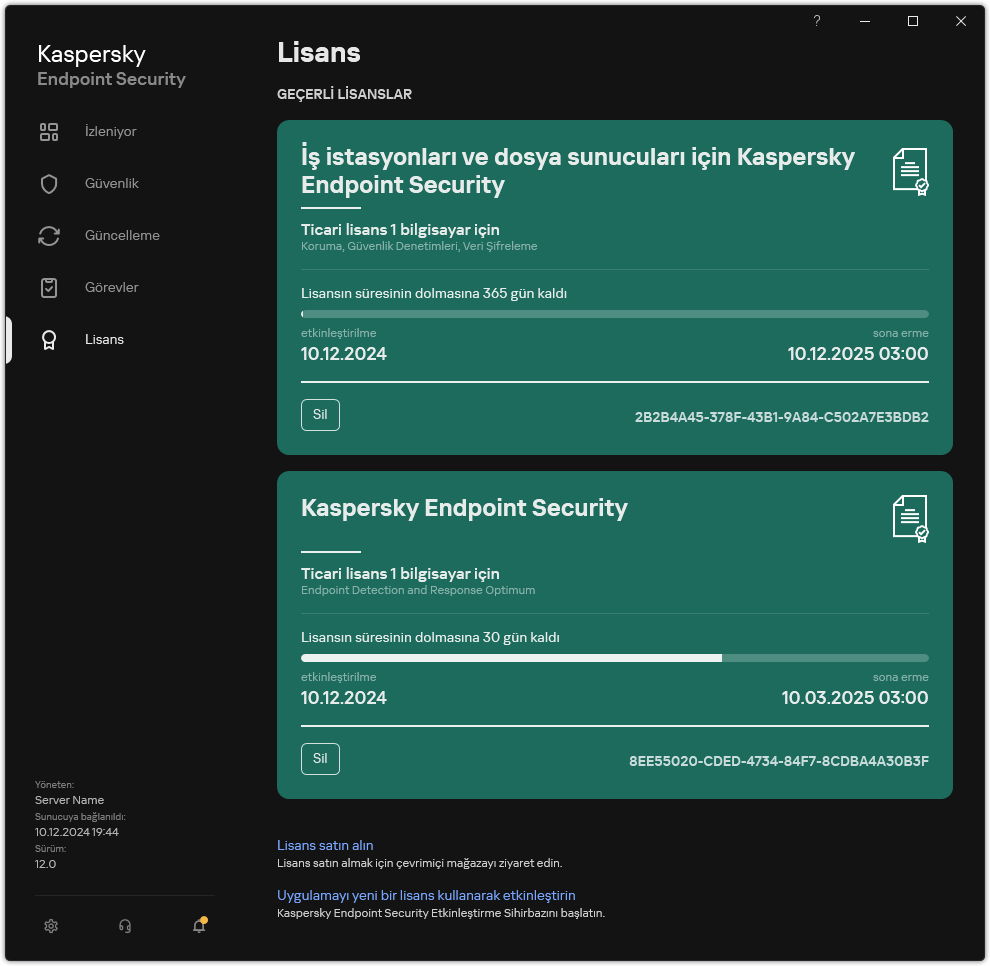 Geçerli lisansların bulunduğu pencere.