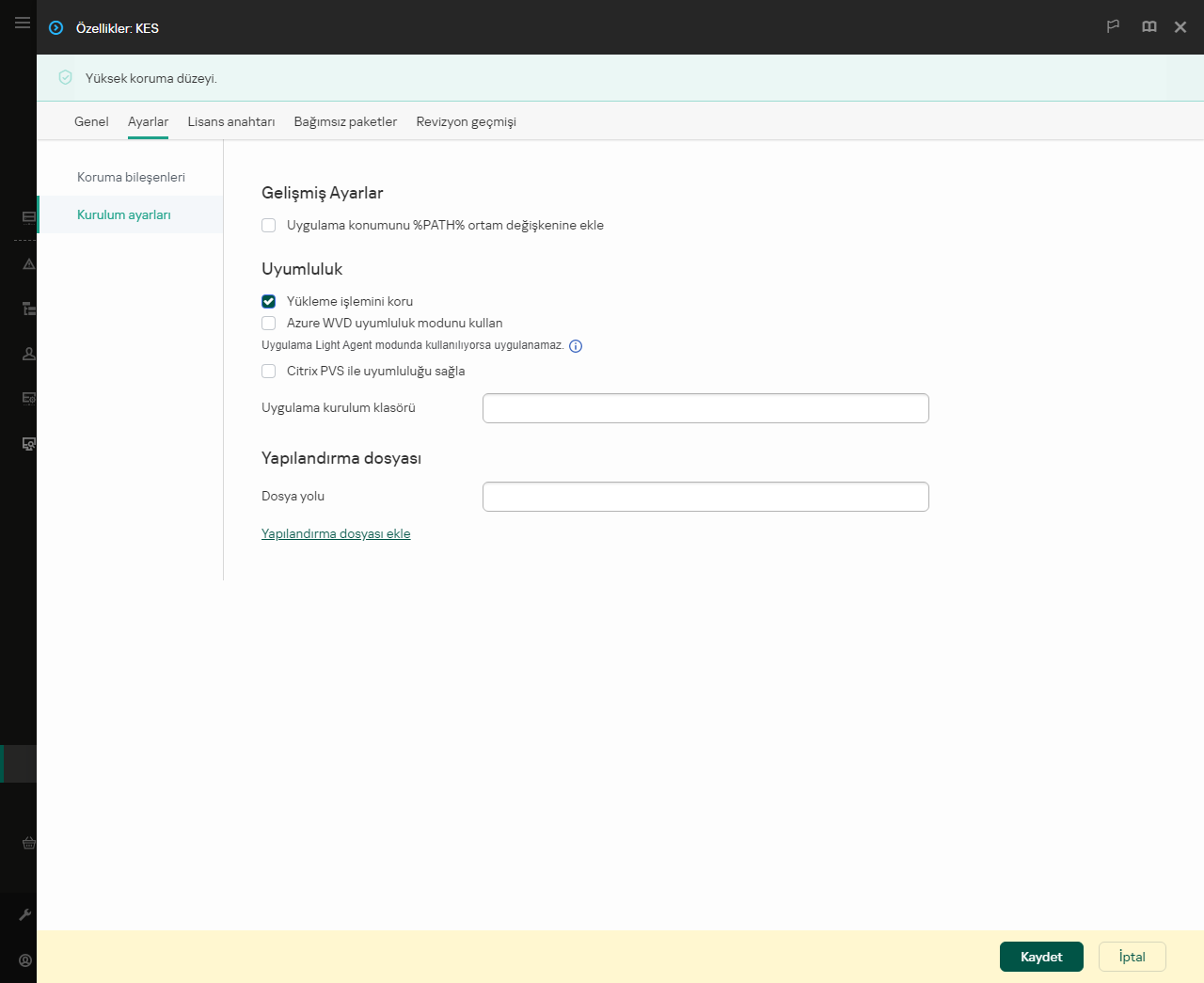 Kurulum paketi özellikleri penceresi. Uygulamanın kurulumunu yapılandırabilirsiniz.
