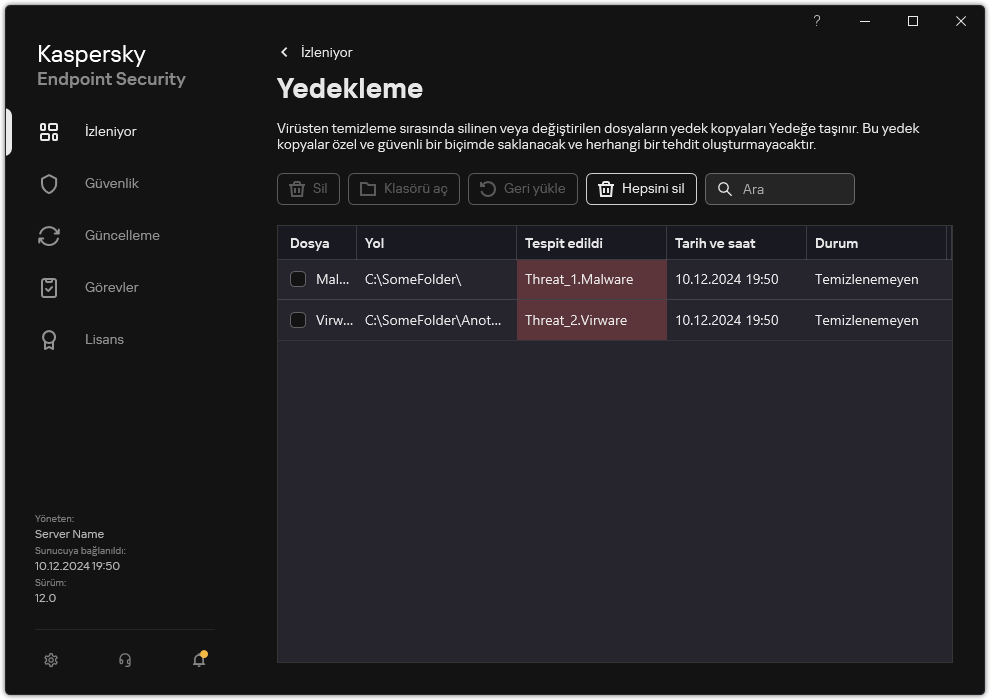 Yedekleme penceresi.