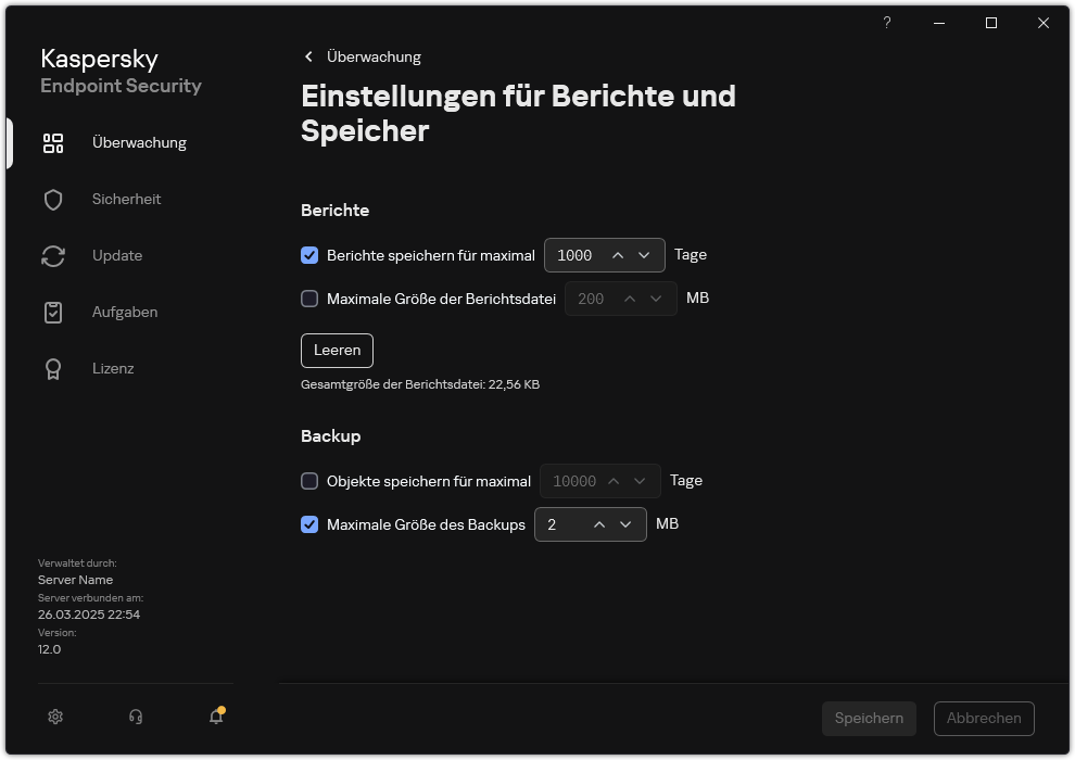 Fenster mit Einstellungen für „Berichte und Speicher“. Der Benutzer kann die Größe von Berichten und Objekten festlegen und die Speicherdauer in der Datenverwaltung begrenzen.