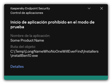 Notificación de que el inicio de la aplicación está prohibido en el modo de prueba. El usuario puede ver información detallada sobre la regla.