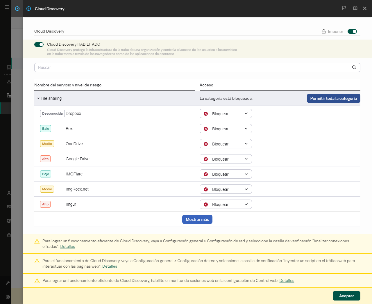 Ventana de configuración de Cloud&nbsp;Discovery. El usuario puede configurar el acceso a los servicios en la nube.