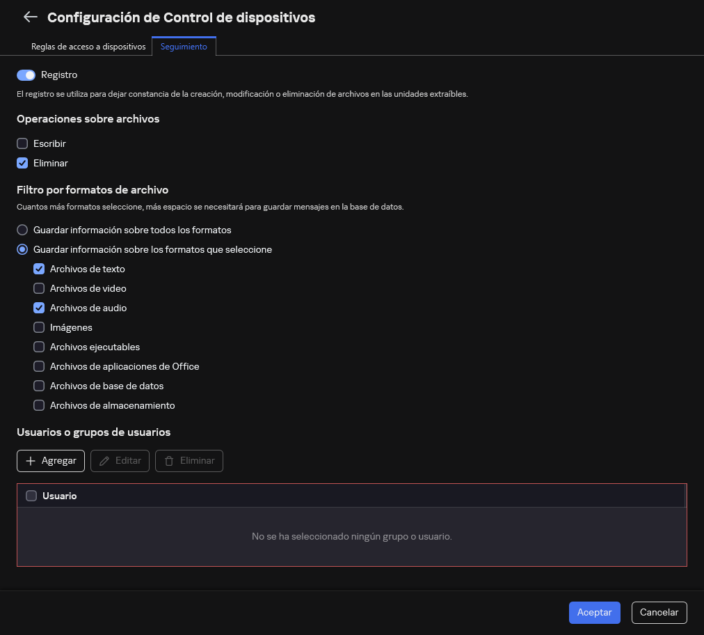 La ventana para configurar el registro de eventos sobre el uso de unidades extraíbles. El usuario puede seleccionar los eventos a registrar.