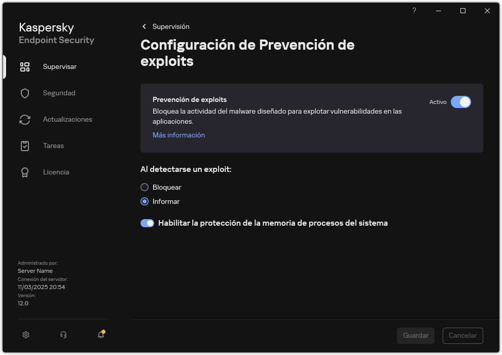 Ventana de configuración de Prevención de exploits