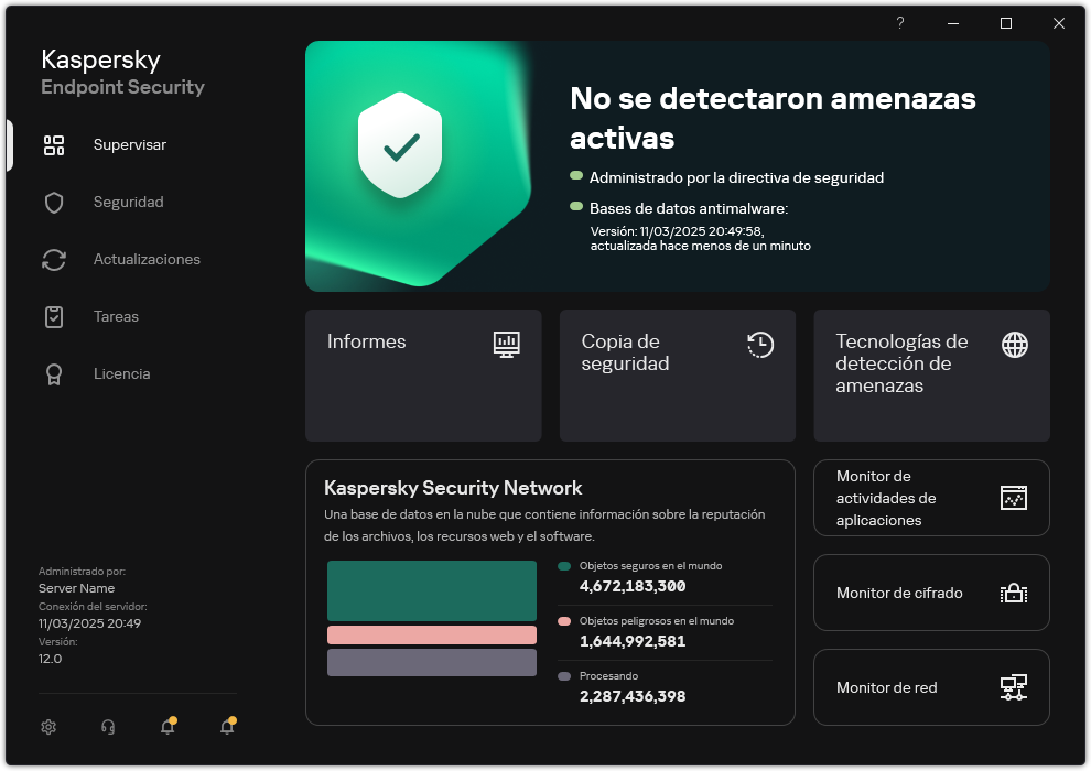 La ventana principal de la aplicación contiene secciones para la supervisión de la seguridad informática y el control de aplicaciones.