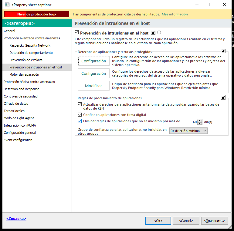 Ventana de Configuración de Prevención de intrusiones