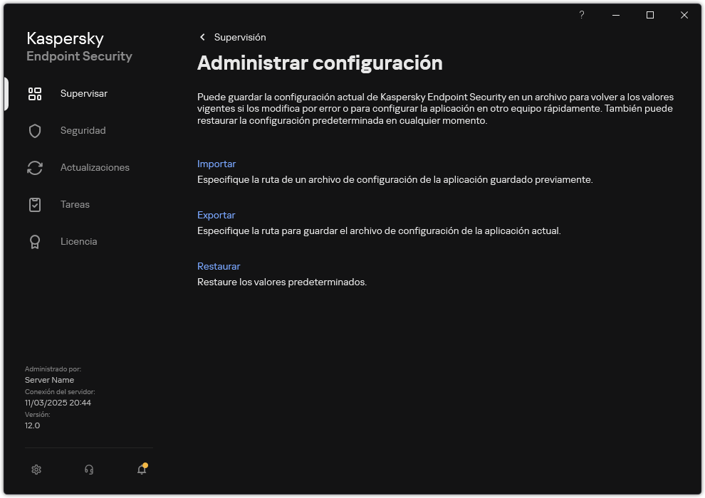 Ventana Configuración de exclusiones. El usuario puede exportar, importar o restaurar la configuración de la aplicación.