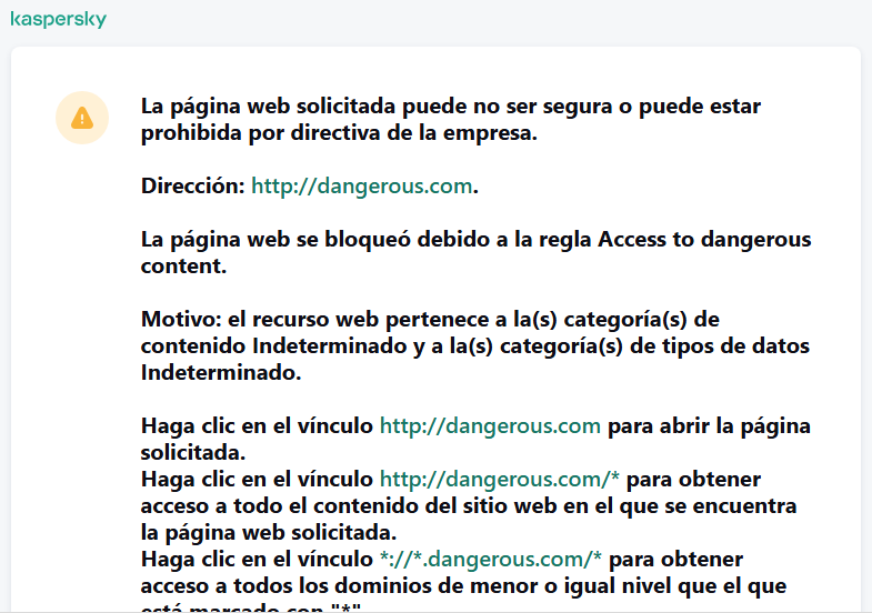 Notificación de Kaspersky sobre la visita a una página web posiblemente insegura en la ventana del navegador. El usuario puede crear una solicitud para acceder al recurso web.
