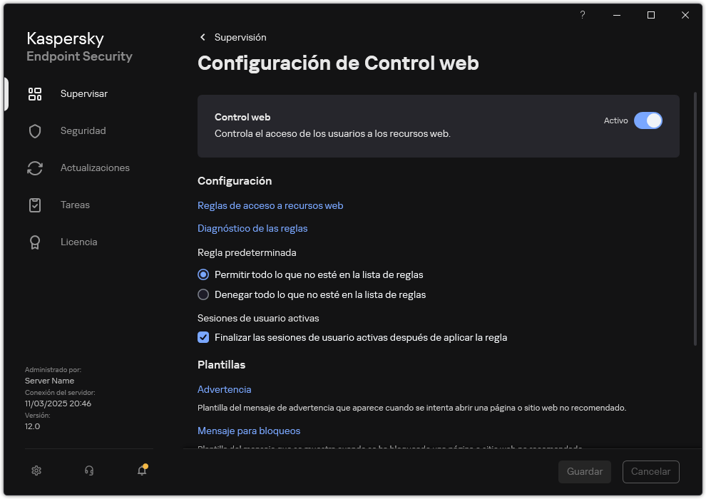 Ventana de configuración de Control web.