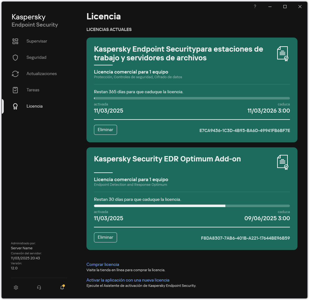 Ventana con licencias actuales.