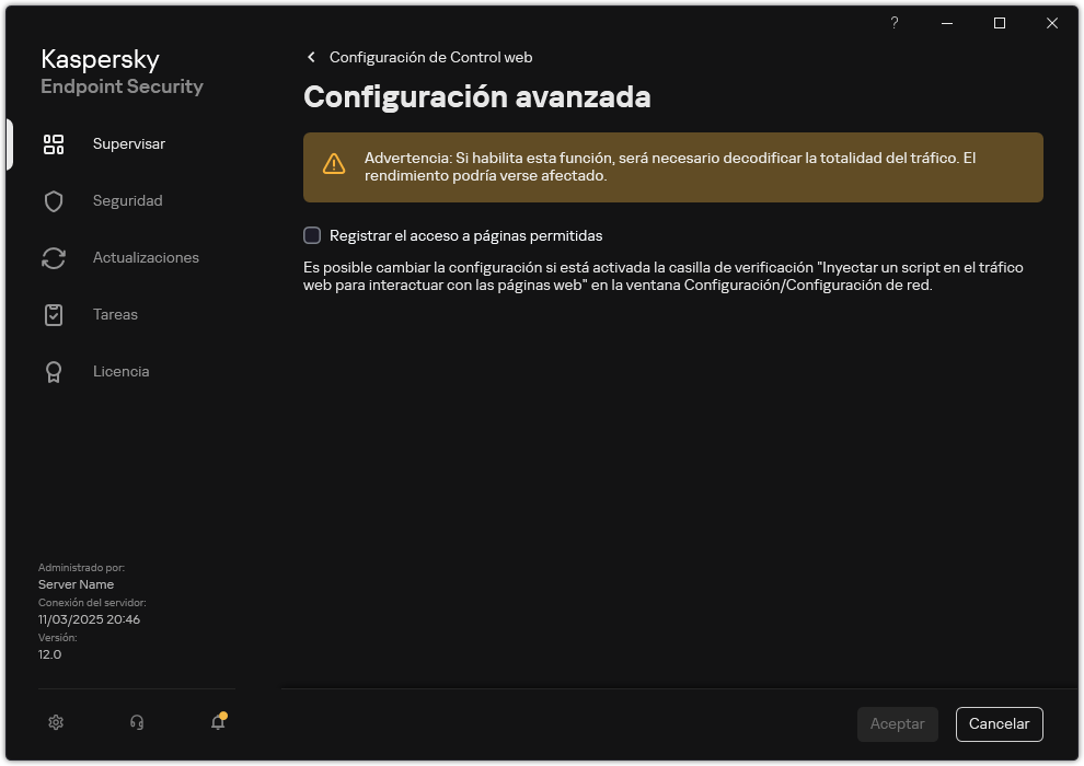 Ventana de configuración avanzada de Control web.