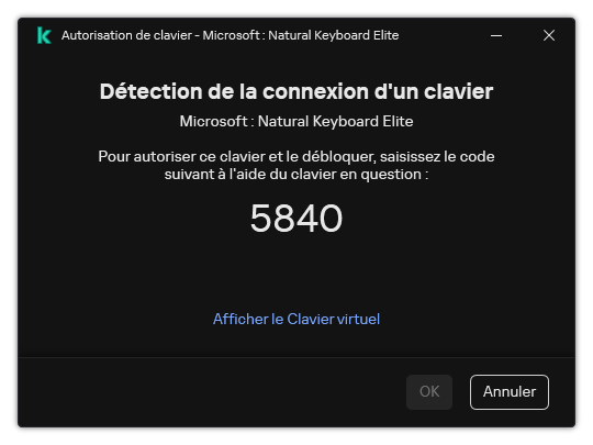 La fenêtre avec le code d'autorisation du clavier. L'utilisateur peut activer le clavier virtuel et saisir le code.