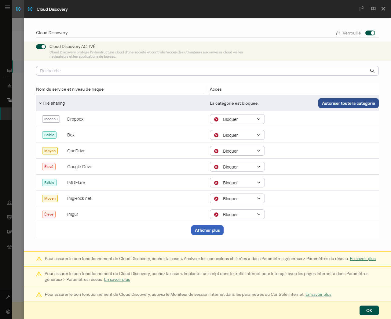 Fenêtre des paramètres de Cloud Discovery. L'utilisateur peut configurer l'accès des utilisateurs aux services cloud.